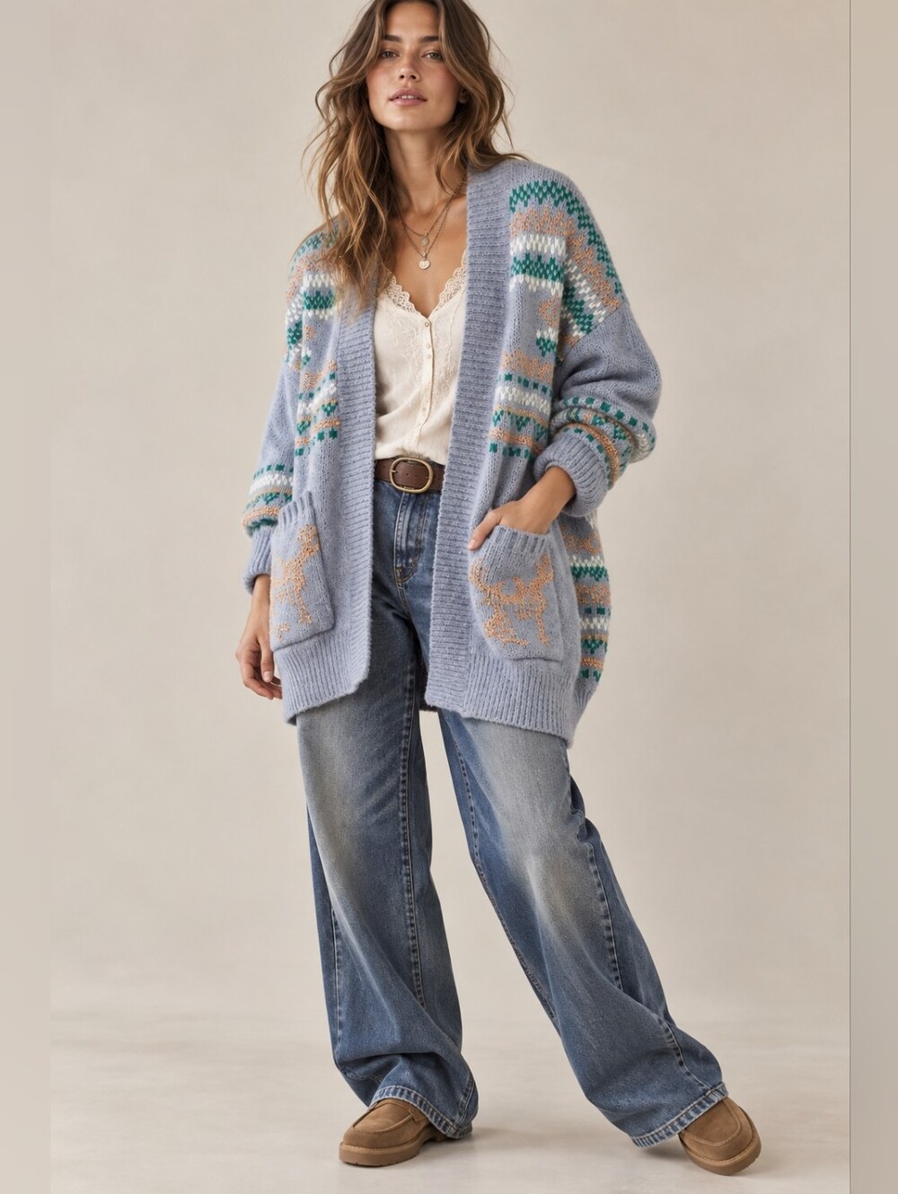 SUNDAY IN BROOKLYN x Anthro Oversized Chunky Reindeer Cardigan Sweater Medium